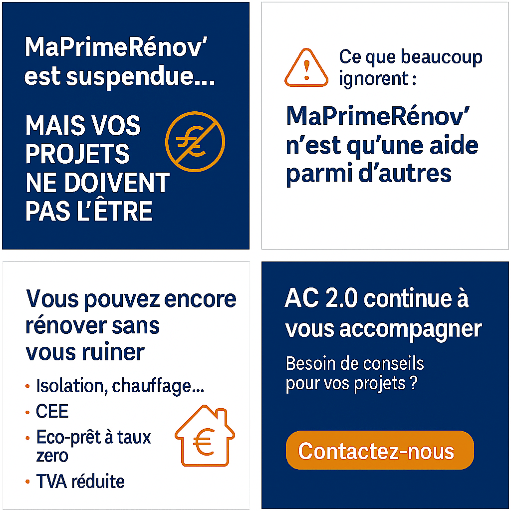 Quatre panneaux d'information sur les aides à la rénovation : MaPrimeRénov est suspendue, mais vos projets ne doivent pas l'être - découvrez les alternatives à ma prime rénov 2025, explorez d'autres aides financières et contactez AC 2.0 pour bénéficier de conseils d'experts.